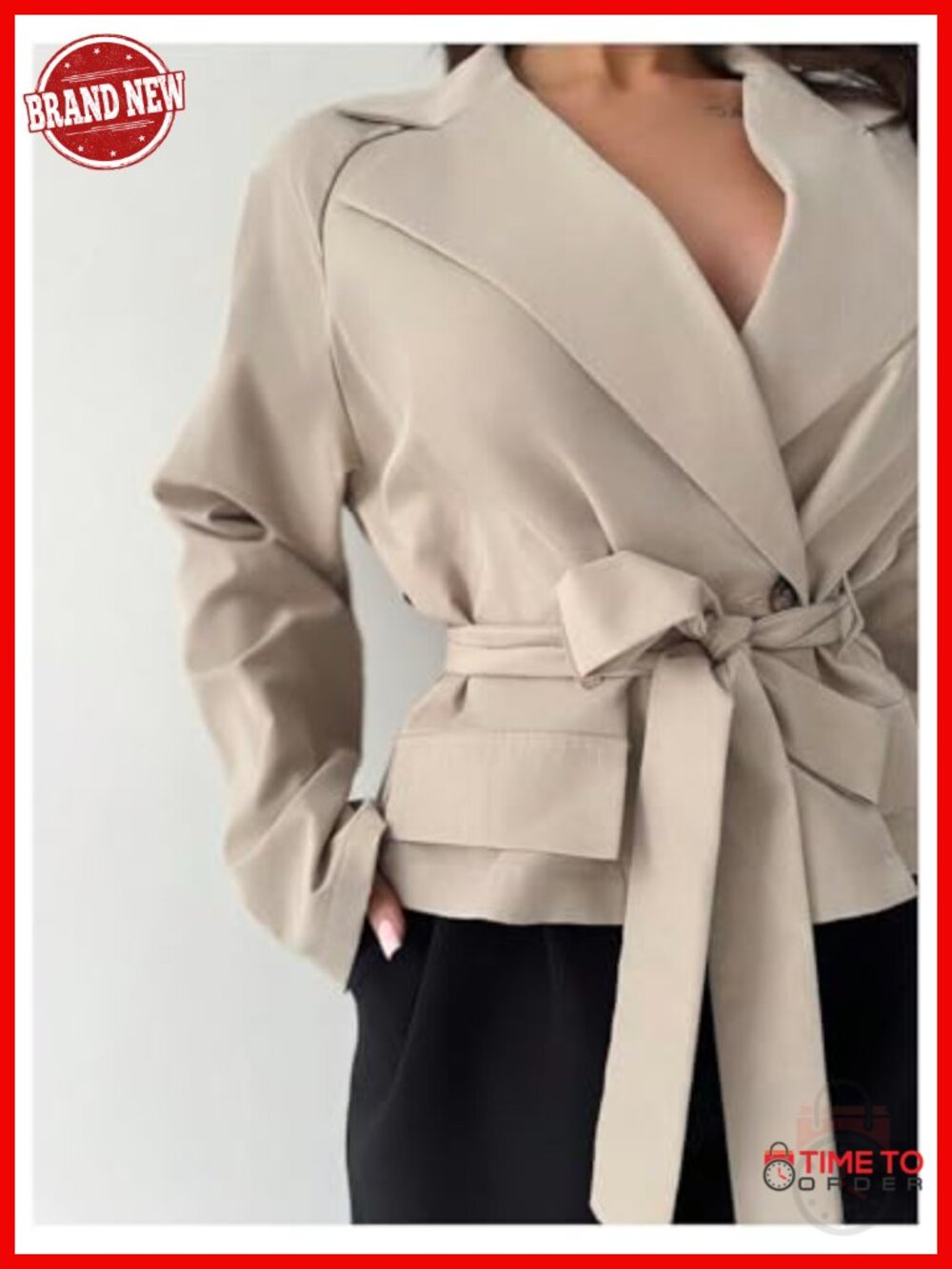 Women's Tie Belt Double Breasted Trench Coat Long Raglan Sleeve Lapel Collar - Picture 4 of 4